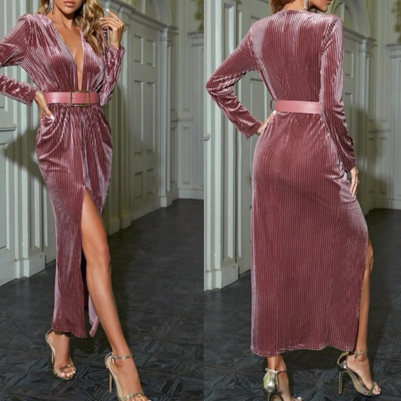 Luxe plunging V neckline slit thigh party evening formal dress - Picture 8 of 12